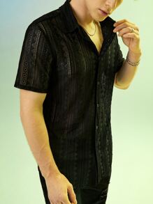 FeverCity Áo sơ mi Nam Nút phía trước cắt màu trơn Đường phố - màu đen - Xem 4