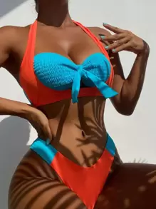 Bộ bikini đi biển mùa hè cắt cao hai tông màu phía trước - Nhiều màu - Xem 1