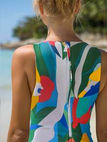 Summer Sleeveless Beach Zipper Random Print One-Piece Swimsuit