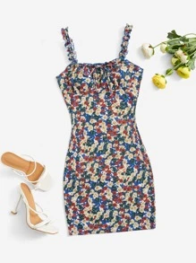 SHEIN VCAY Floral Print Ruched Bust Frill Trim Knot Front Cami Dress - Multicolor - View 1