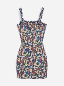 SHEIN VCAY Floral Print Ruched Bust Frill Trim Knot Front Cami Dress - Multicolor - View 2
