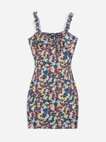 SHEIN VCAY Floral Print Ruched Bust Frill Trim Knot Front Cami Dress - Multicolor - View 3