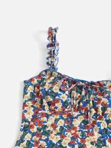 SHEIN VCAY Floral Print Ruched Bust Frill Trim Knot Front Cami Dress - Multicolor - View 4