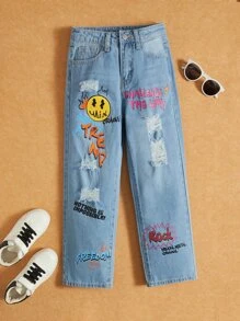 SHEIN Boys Slogan & Cartoon Graphic Ripped Straight Leg Jeans - Light Wash - View 1