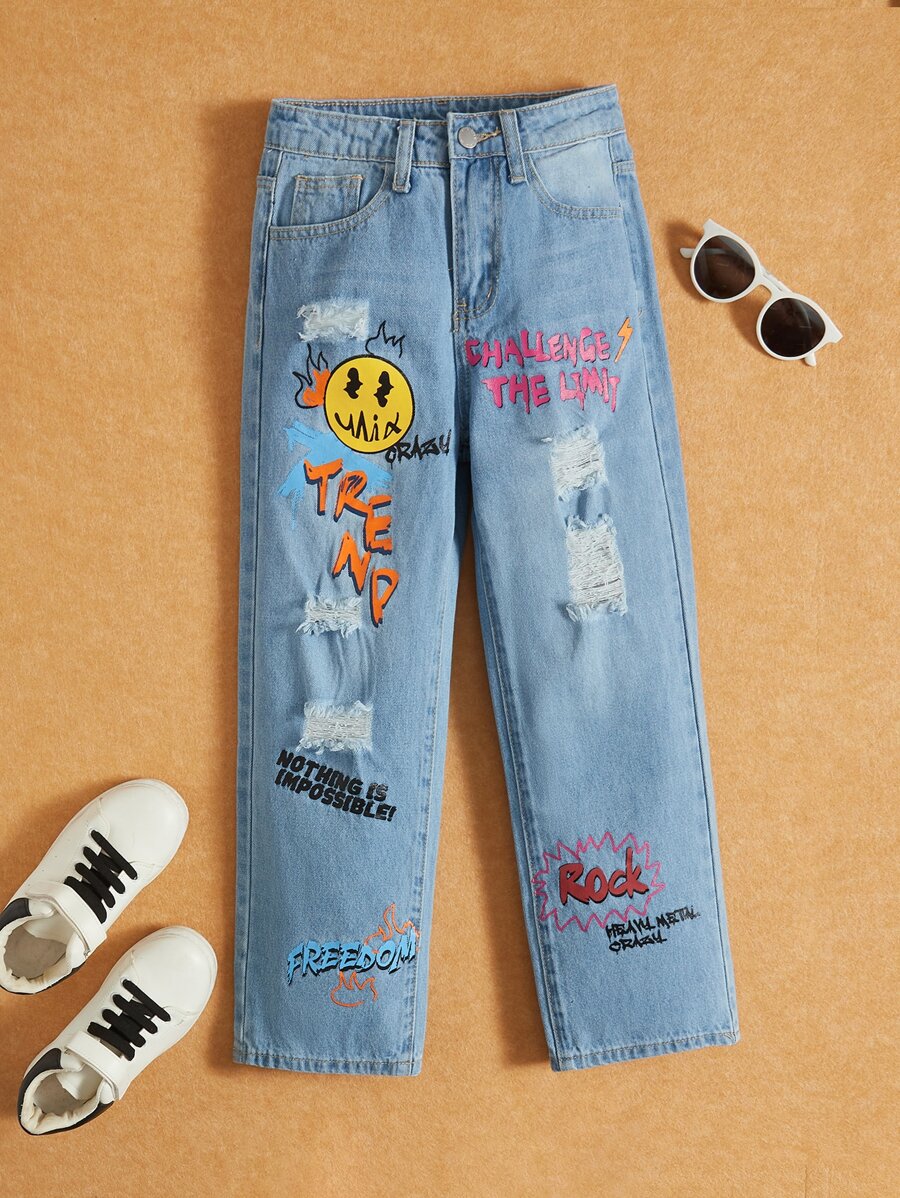 SHEIN Boys Slogan & Cartoon Graphic Ripped Straight Leg Jeans - Light Wash - View 1