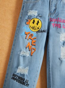 SHEIN Boys Slogan & Cartoon Graphic Ripped Straight Leg Jeans - Light Wash - View 3
