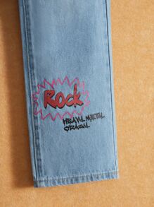 SHEIN Boys Slogan & Cartoon Graphic Ripped Straight Leg Jeans - Light Wash - View 4