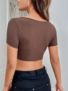 SHEIN EZwear Scoop Neck Crop Tee - Coffee Brown - View 4