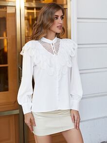 Simplee Blusa panel con encaje con botón delantero - Blanco - Ver 4