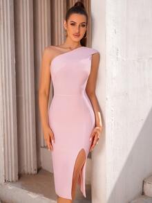 ADYCE Elegant One-Shoulder High-Waist High-Slit Solid Color Bandage Mid-Length Party Dress, Suitable For Balls, Birthday Parties, Galas, Dates, Homecoming, Wedding Guests, Cocktail Parties, Family Gatherings, And More - Baby Pink - View 4