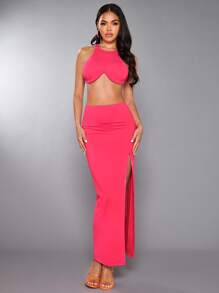 SHEIN BAE unicolor Top halter & de muslo con abertura Falda - Rosa Fucsia - Ver 3