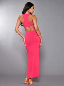 SHEIN BAE unicolor Top halter & de muslo con abertura Falda - Rosa Fucsia - Ver 2