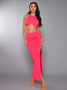 SHEIN BAE unicolor Top halter & de muslo con abertura Falda - Rosa Fucsia - Ver 4
