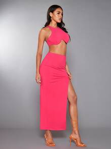SHEIN BAE unicolor Top halter & de muslo con abertura Falda - Rosa Fucsia - Ver 5
