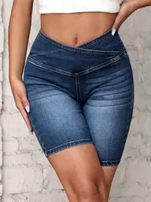 SHEIN Frenchy Asymmetrical Waistband Denim Shorts Summer - Dark Wash - View 1