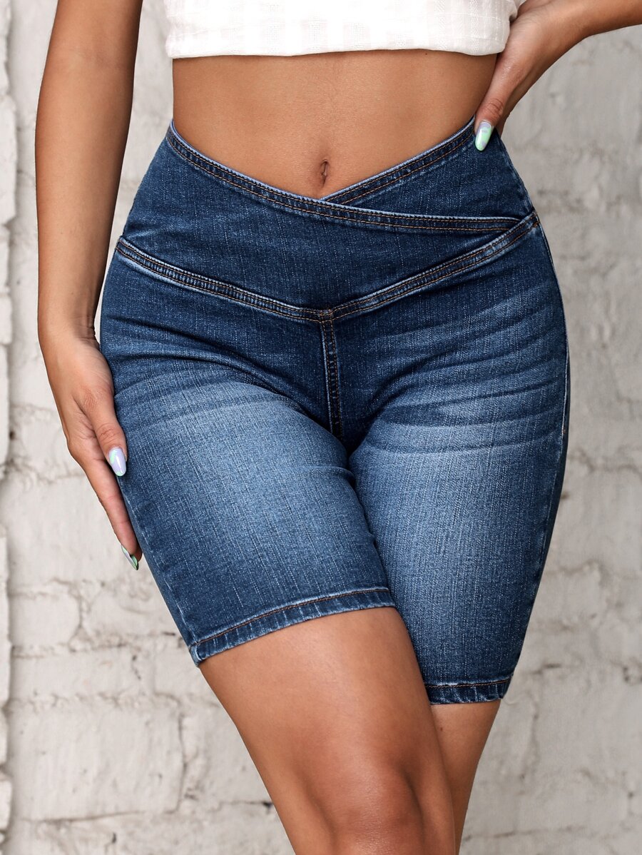 SHEIN Frenchy Asymmetrical Waistband Denim Shorts Summer - Dark Wash - View 1