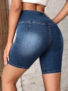 SHEIN Frenchy Asymmetrical Waistband Denim Shorts Summer - Dark Wash - View 2