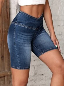 SHEIN Frenchy Asymmetrical Waistband Denim Shorts Summer - Dark Wash - View 4