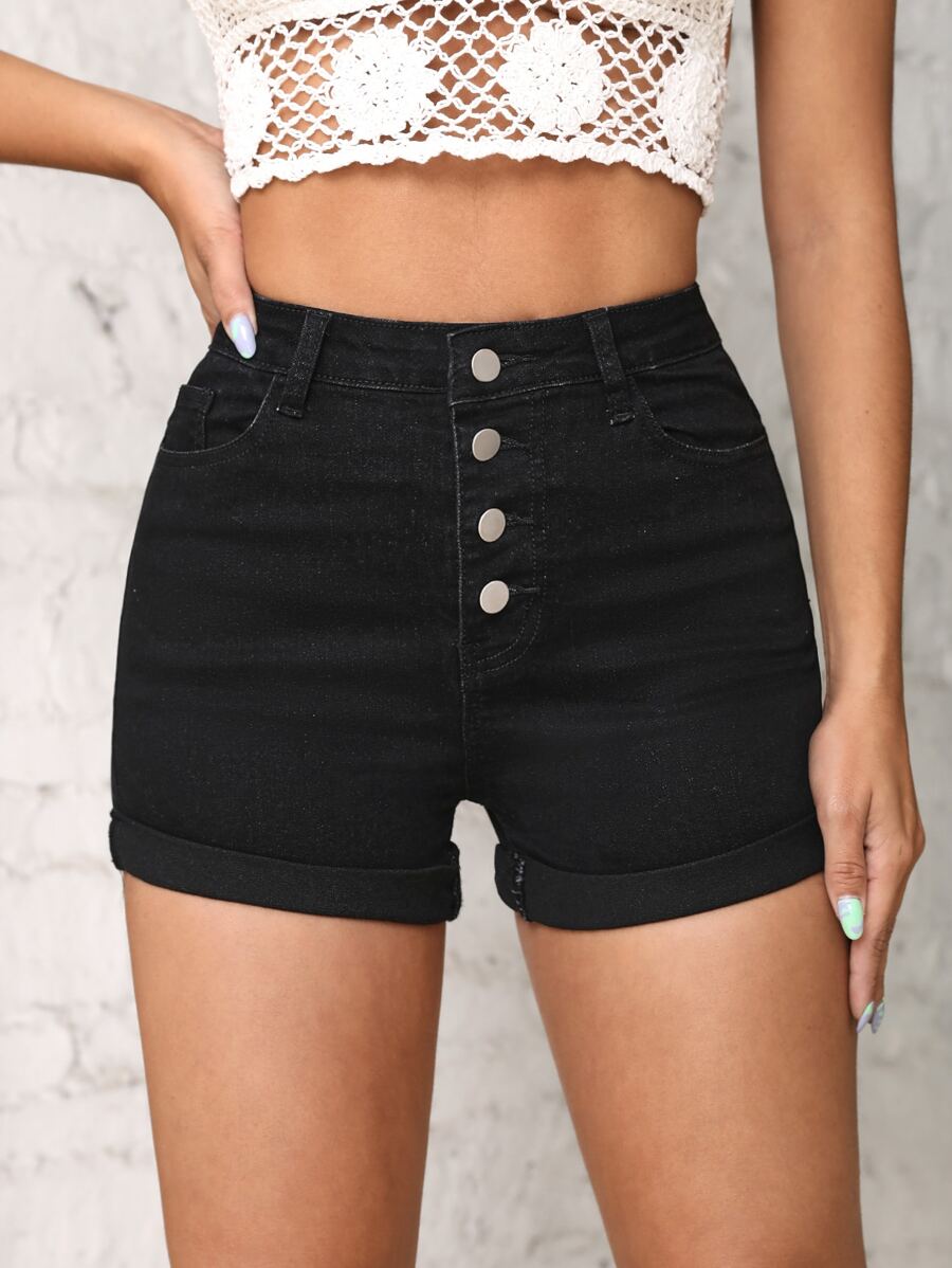 SHEIN Frenchy 紐扣門襟反摺褲腳牛仔短褲