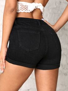 SHEIN Frenchy 紐扣門襟反摺褲腳牛仔短褲