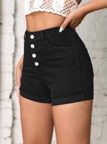 SHEIN Frenchy 紐扣門襟反摺褲腳牛仔短褲