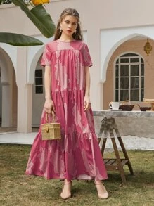 Seusyu Vestido babydoll bajo fruncido con estampado - Rosa - Ver 1