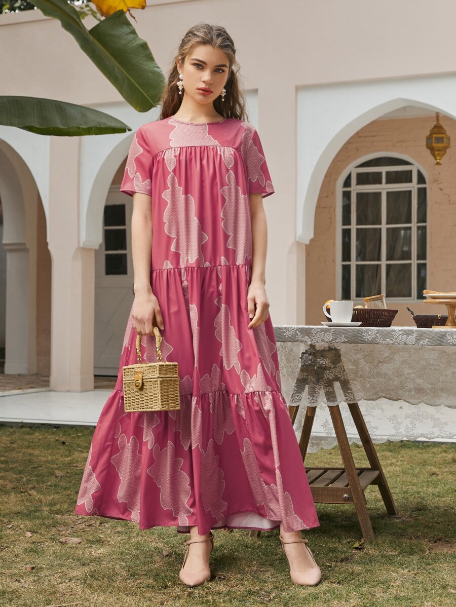 Seusyu Vestido babydoll bajo fruncido con estampado - Rosa - Ver 1