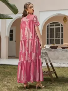 Seusyu Vestido babydoll bajo fruncido con estampado - Rosa - Ver 2