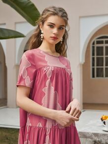 Seusyu Vestido babydoll bajo fruncido con estampado - Rosa - Ver 3