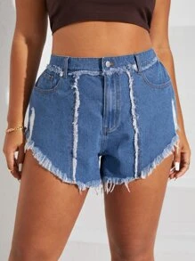 Plus Raw Trim Denim Shorts - Medium Wash - View 1