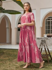 Seusyu Vestido babydoll bajo fruncido con estampado - Rosa - Ver 4