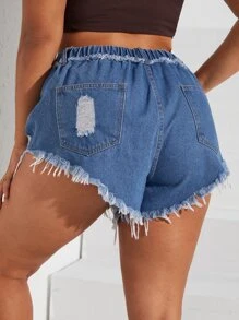 Plus Raw Trim Denim Shorts - Medium Wash - View 3