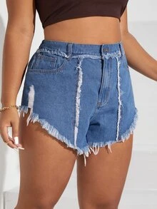 Plus Raw Trim Denim Shorts - Medium Wash - View 4