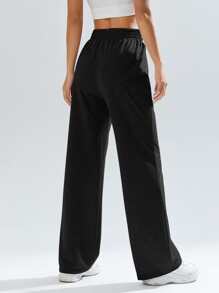 SHEIN EZwear 素色腰部抽繩衛褲 - 黑色 - 查看 2