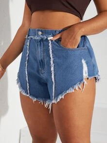 Plus Raw Trim Denim Shorts - Medium Wash - View 5