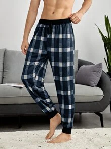 Men Plaid Drawstring Waist Pyjama Trousers - Black and White - View 3
