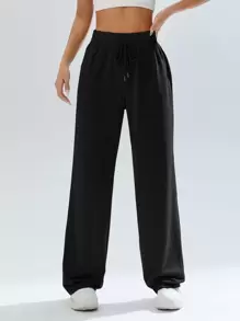 SHEIN EZwear 素色腰部抽繩衛褲 - 黑色 - 查看 3