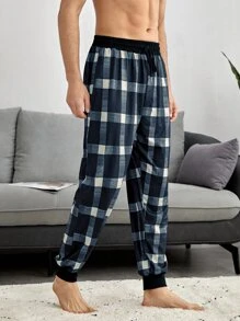 Men Plaid Drawstring Waist Pyjama Trousers - Black and White - View 4