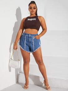 Plus Raw Trim Denim Shorts - Medium Wash - View 2