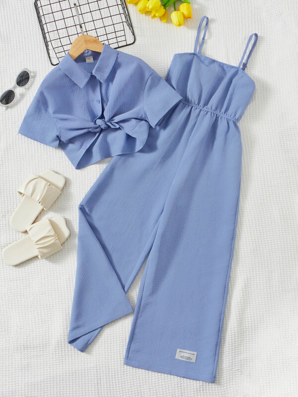 SHEIN Tween Girl Solid Cami Jumpsuit & Button Front Shirt