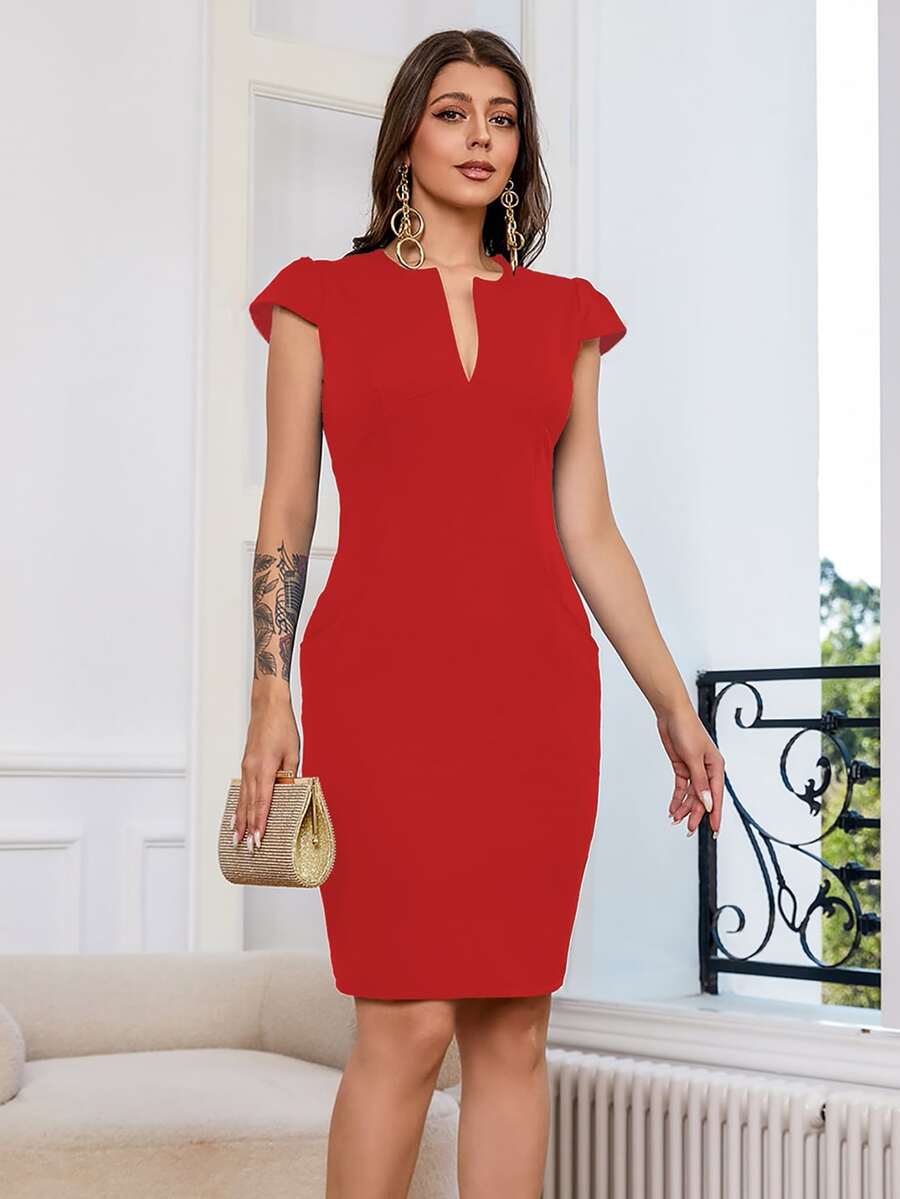 Cap Sleeve Notched Neckline Dress - Red - View 1