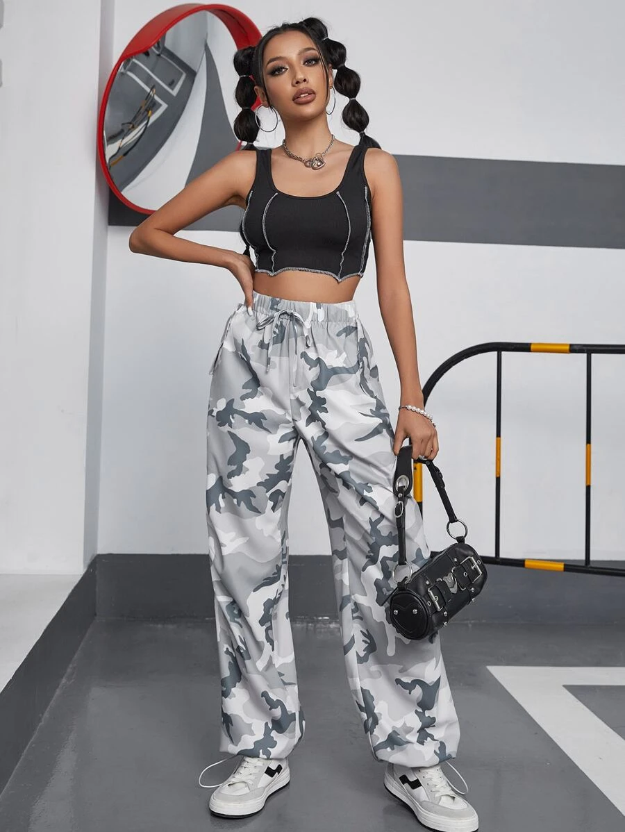 SHEIN Unity Camo Print Elastic Waist Trousers - Multicolor - View 1
