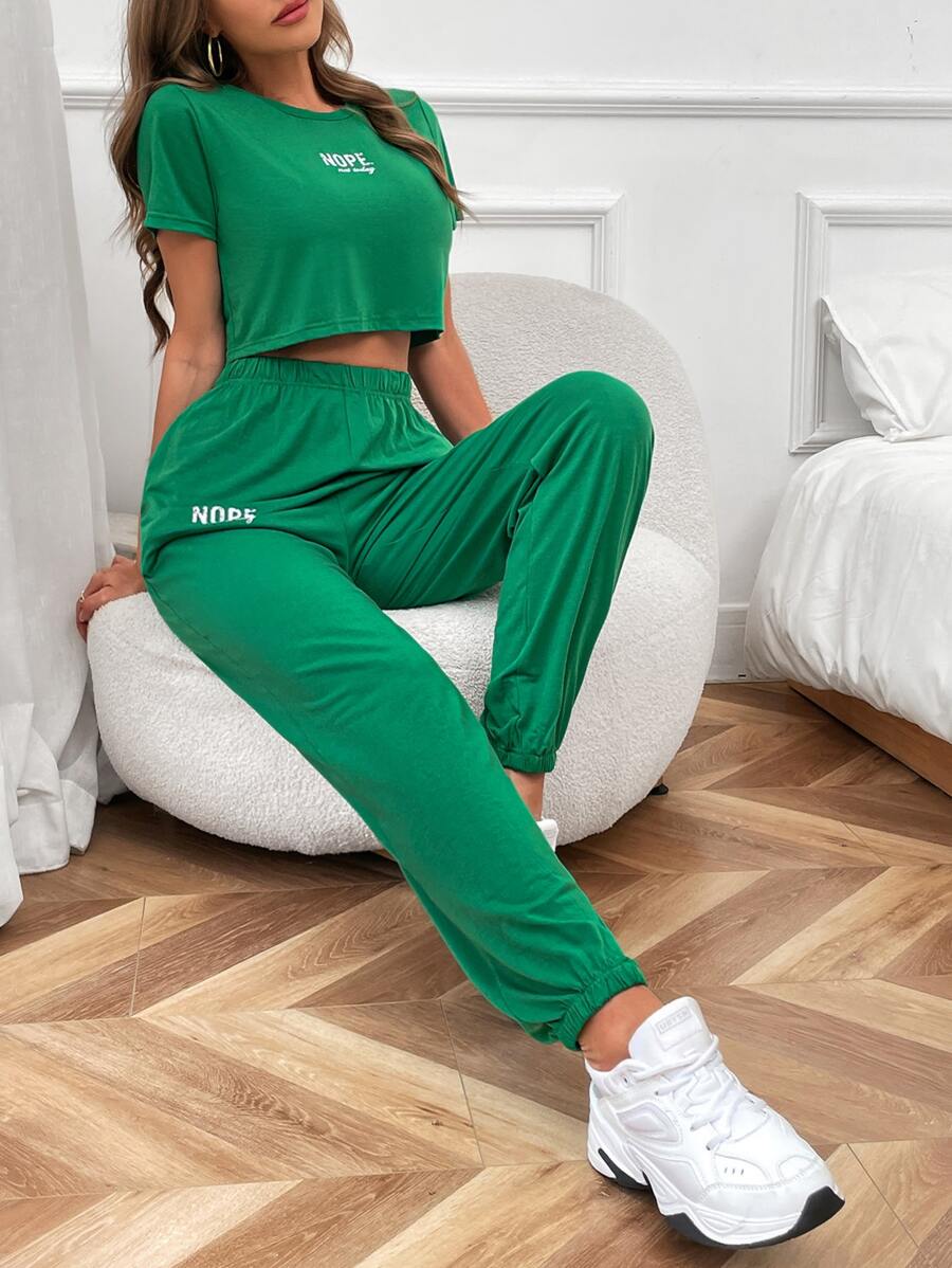 SHEIN Essnce Letter Graphic Tee & Sweatpants - Green - View 1