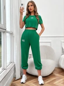 SHEIN Essnce Bộ đồ hai mảnh nữ Túi Lá thư Giải trí - màu xanh lá - Xem 3