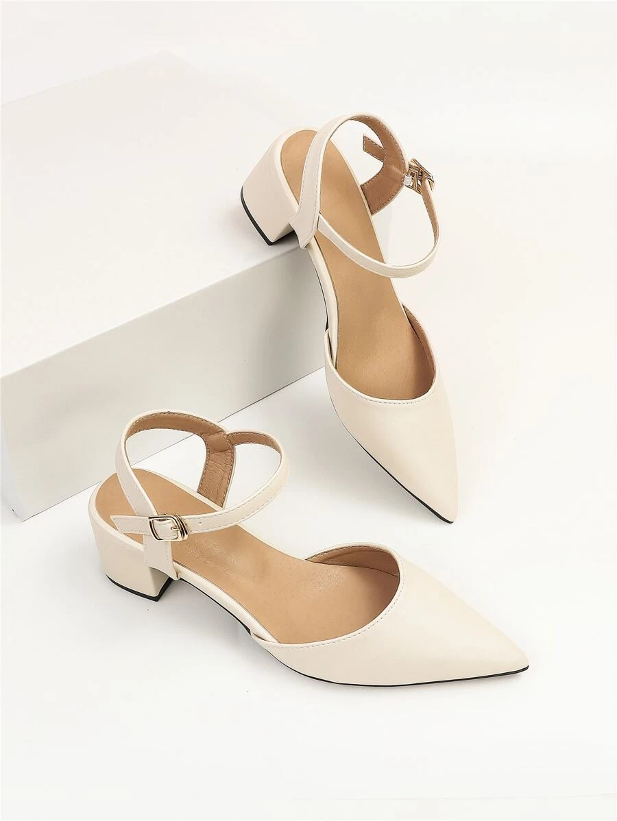 女士尖頭粗跟淺口皮鞋優雅踝帶高跟鞋 - 杏色 - 查看 1