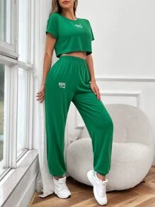 SHEIN Essnce Bộ đồ hai mảnh nữ Túi Lá thư Giải trí - màu xanh lá - Xem 5