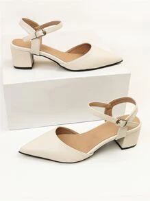 女士尖頭粗跟淺口皮鞋優雅踝帶高跟鞋 - 杏色 - 查看 2