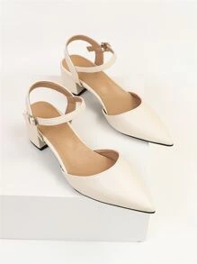 女士尖頭粗跟淺口皮鞋優雅踝帶高跟鞋 - 杏色 - 查看 3