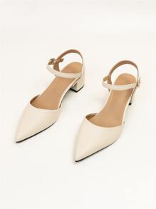 女士尖頭粗跟淺口皮鞋優雅踝帶高跟鞋 - 杏色 - 查看 6