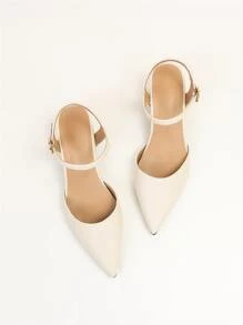 女士尖頭粗跟淺口皮鞋優雅踝帶高跟鞋 - 杏色 - 查看 7